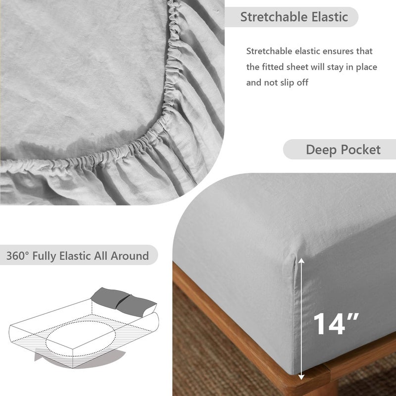 Simple&Opulence 100% Linen Fitted Sheet Twin(1 Piece), 14 Inch Deep Pocket Mattress Cover Natural French Flax Stone Washed Farmhouse Soft Breathable Bottom Sheets-Grey - Image 3